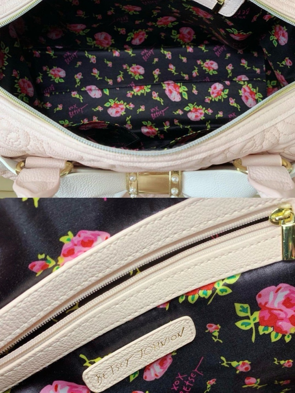 Betsey Johnson Pink Quilted Rose Tote with White Bow and Gold Accent - Picture 3 of 4